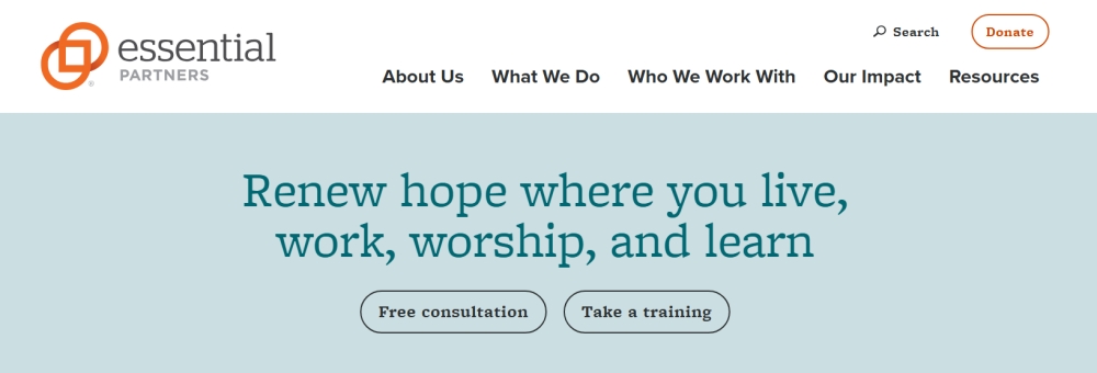 Essential Partners website header with renew hope message and training options