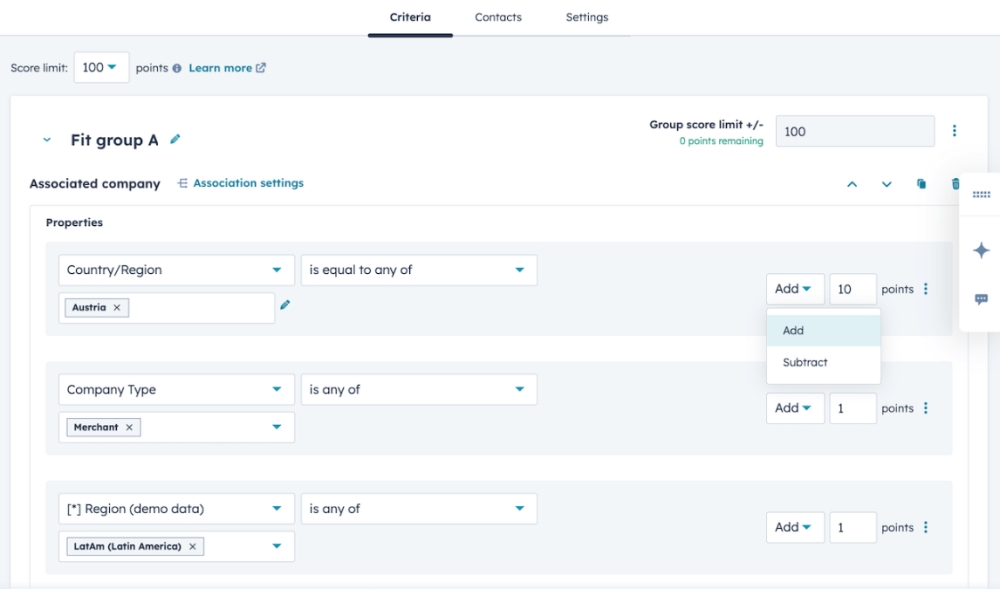 Fit group A criteria settings interface with country, company type, and region options