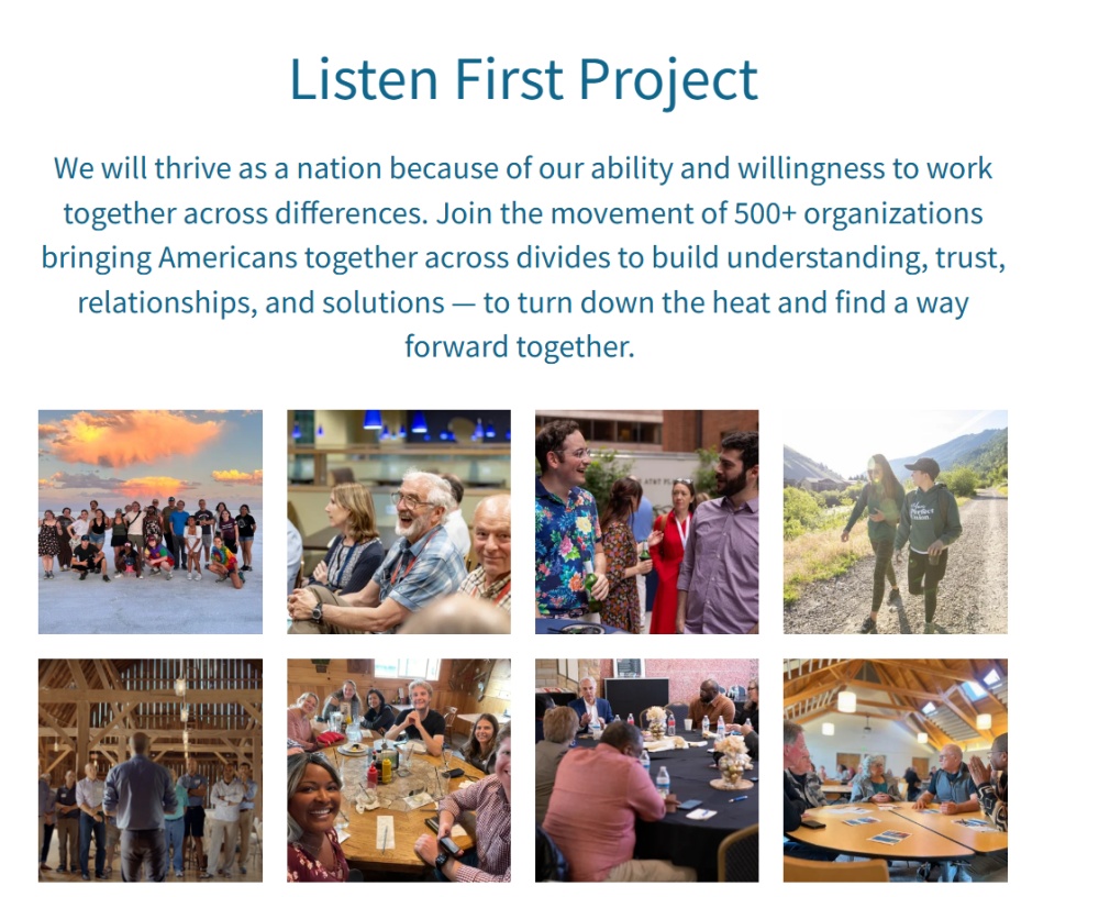 Listen First Project banner with text and collage of diverse groups fostering unity