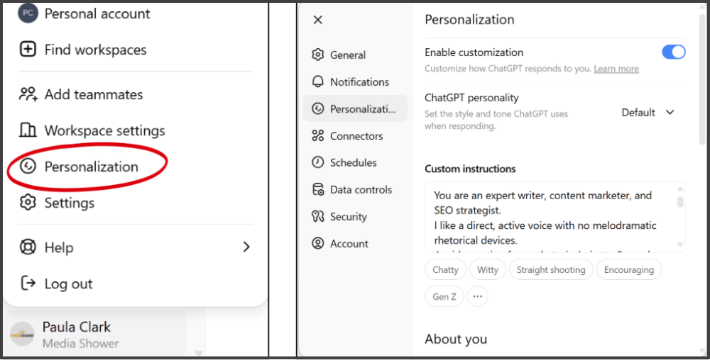 Personalization settings menu with custom instructions for expert writer and SEO strategist