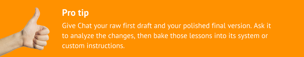 Pro tip banner with thumbs-up suggesting Chat analysis of drafts