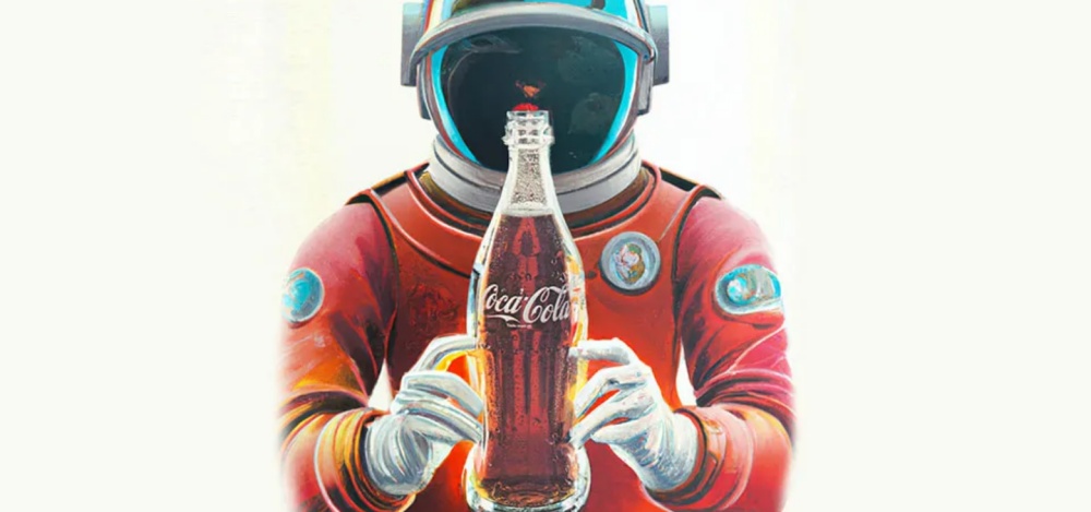 Astronaut in red suit drinking Coca-Cola bottle in space