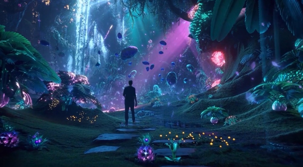 Person standing on stone path in a glowing, fantastical forest with waterfall and orbs