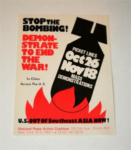 Protest flyer with bomb graphic and text 'Stop the Bombing! Demonstrate to End the War!' with dates
