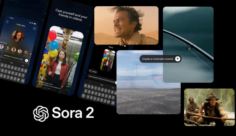 "Sora 2 app interface with video creation screenshots, including balloons, cinematic scene, and fishing rod