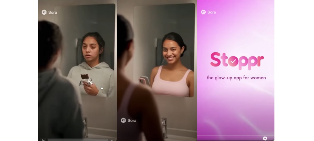 Sora app screenshots with person holding chocolate bar, smiling woman in mirror, and Stoppr glow-up app for women