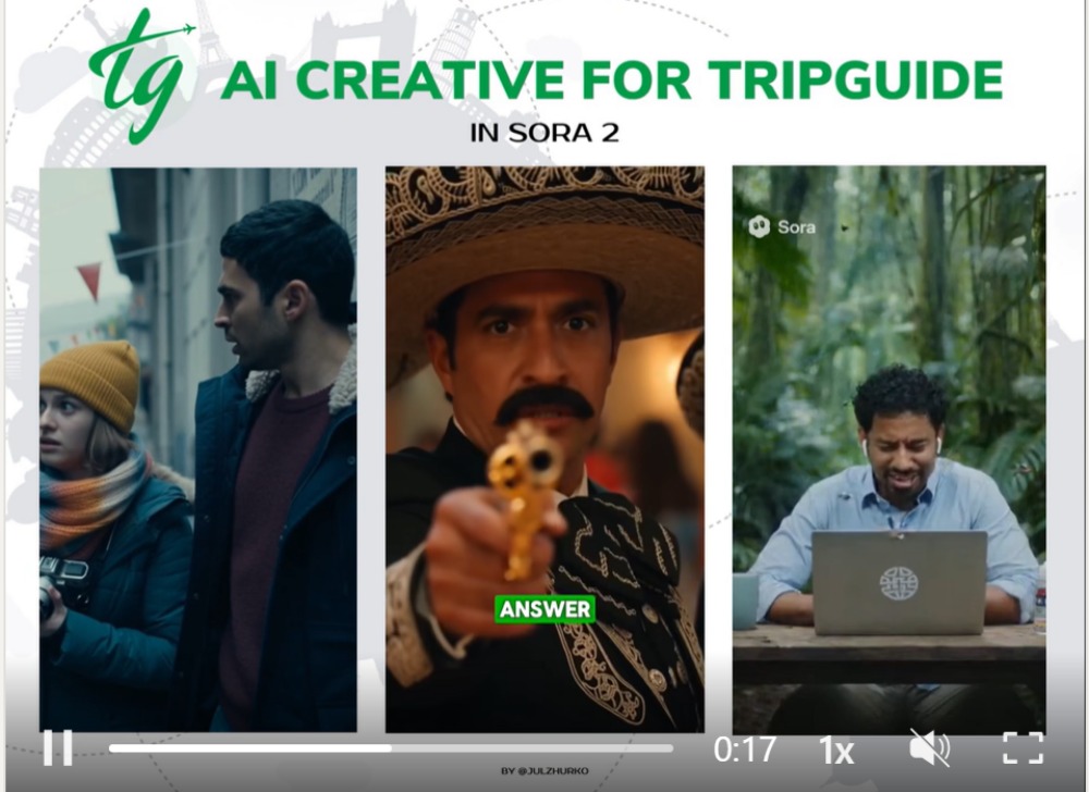 TripGuide AI Creative Sora 2 frames with couple, man with gun 'Answer,' and man with laptop in forest