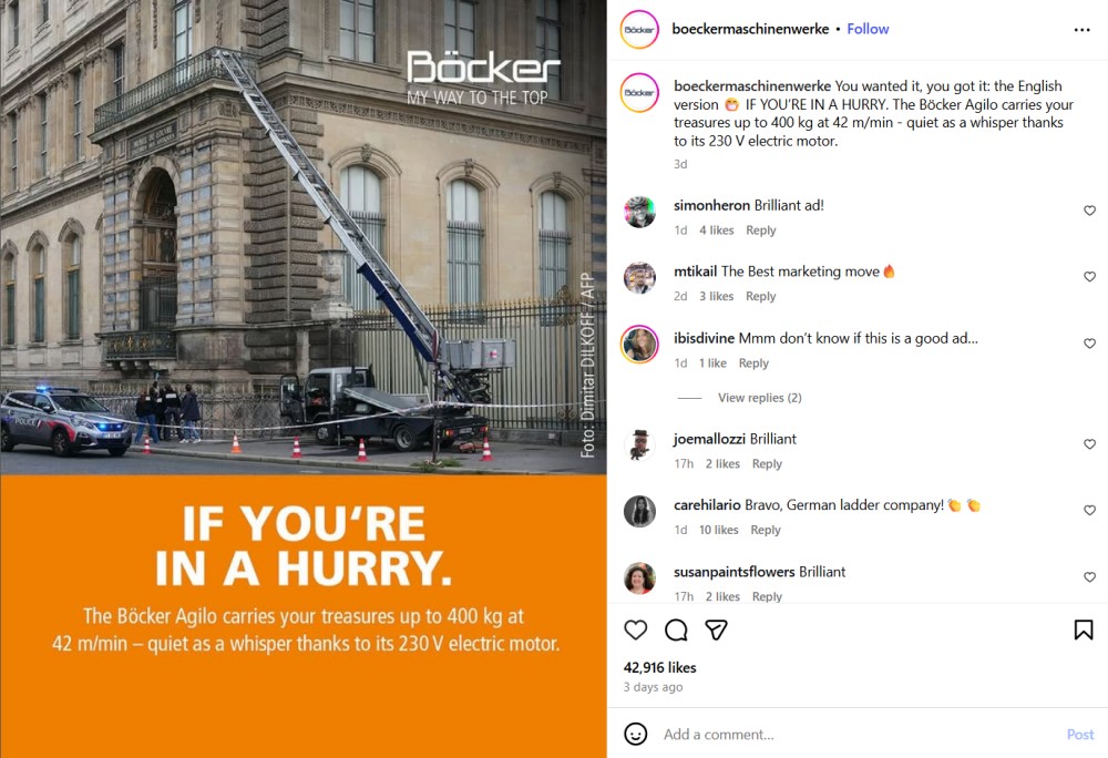 Bocker Agilo ad with ladder to Louvre and comments.