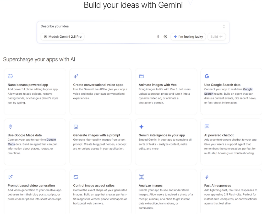 Build your ideas with Gemini AI app features.
