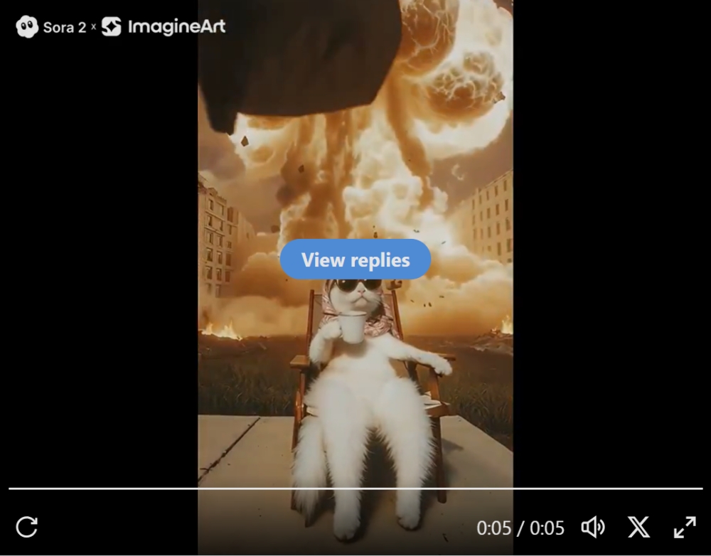 Cat in sunglasses sipping a cup with explosion and burning buildings in background from Sora 2 video