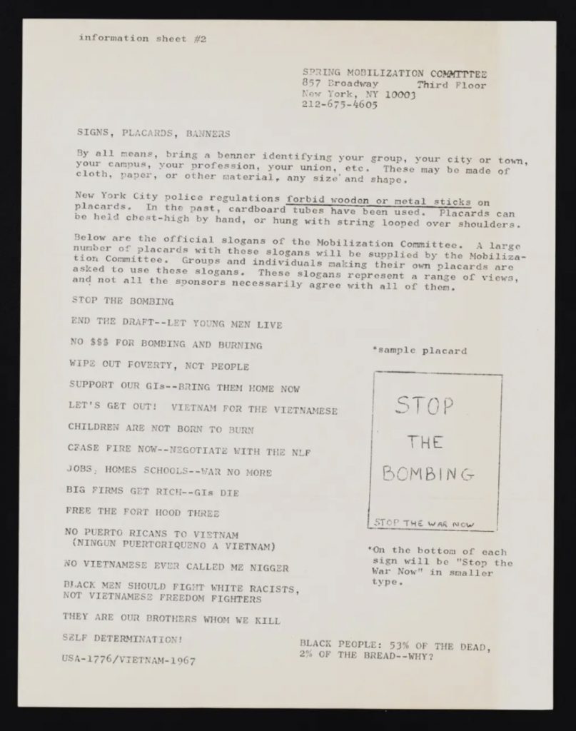 Information sheet with protest slogans like 'Stop the Bombing' and sample placard design