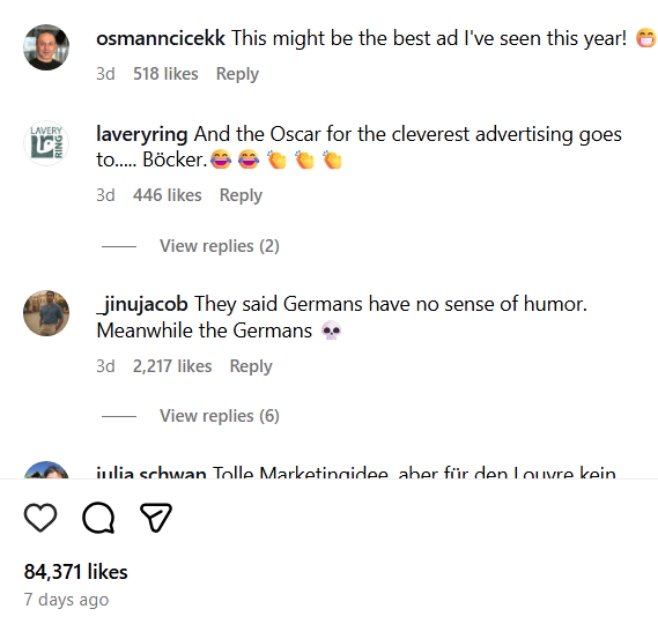 Instagram comments praising Bocker ad humor.