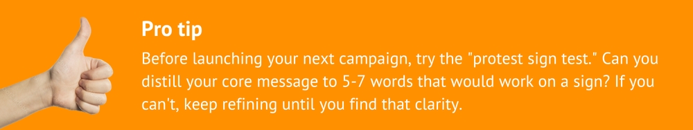 Orange banner with thumbs-up and text on 'protest sign test' for 5-7 word campaign message.