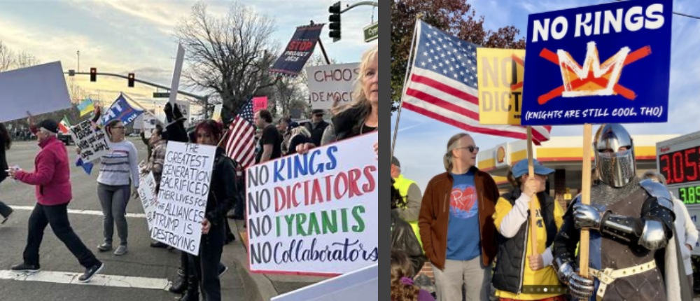 Protest split view with signs 'No Kings No Dictators No Tyrants No Collaborators' on left, 'No Kings' with knight on right."