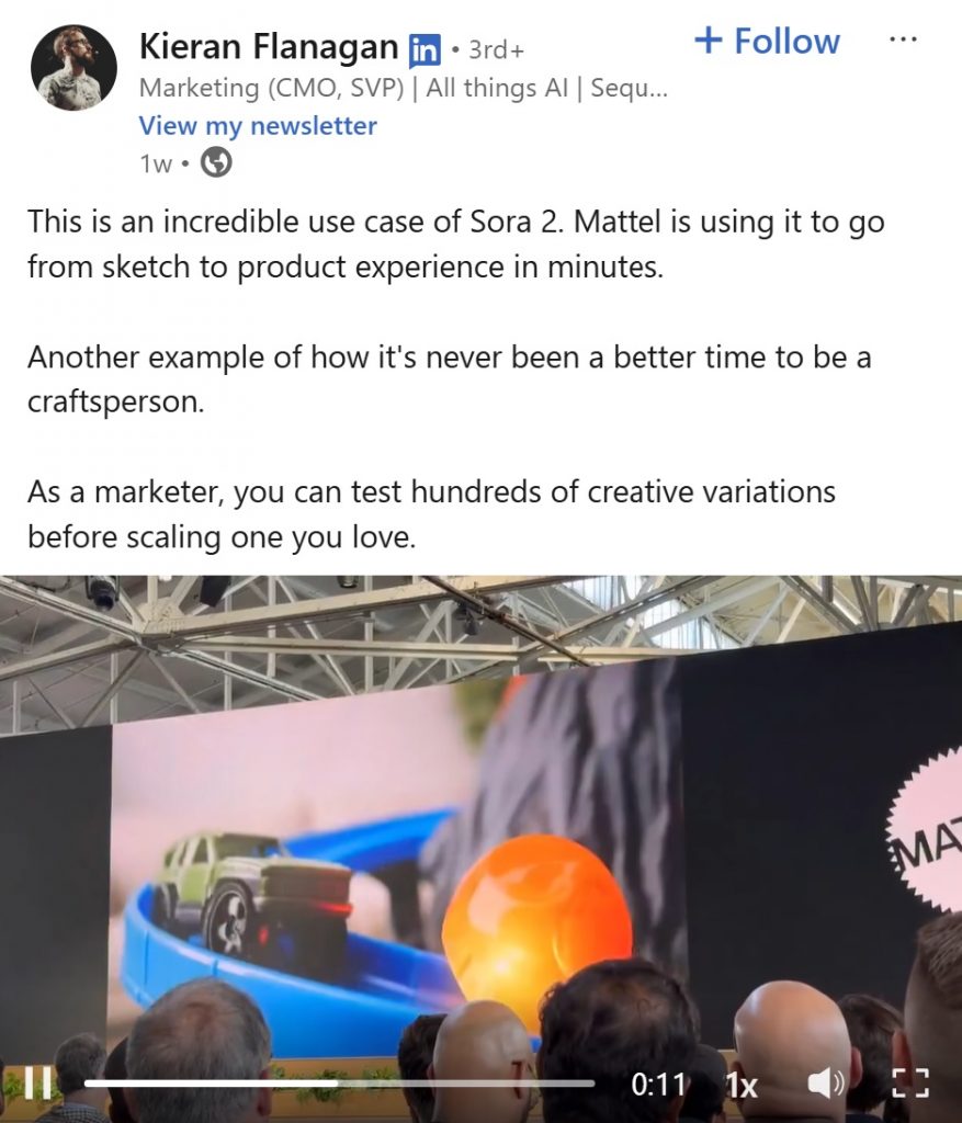 Social media post with Sora 2 use case, Mattel sketch to product video of toy car on track