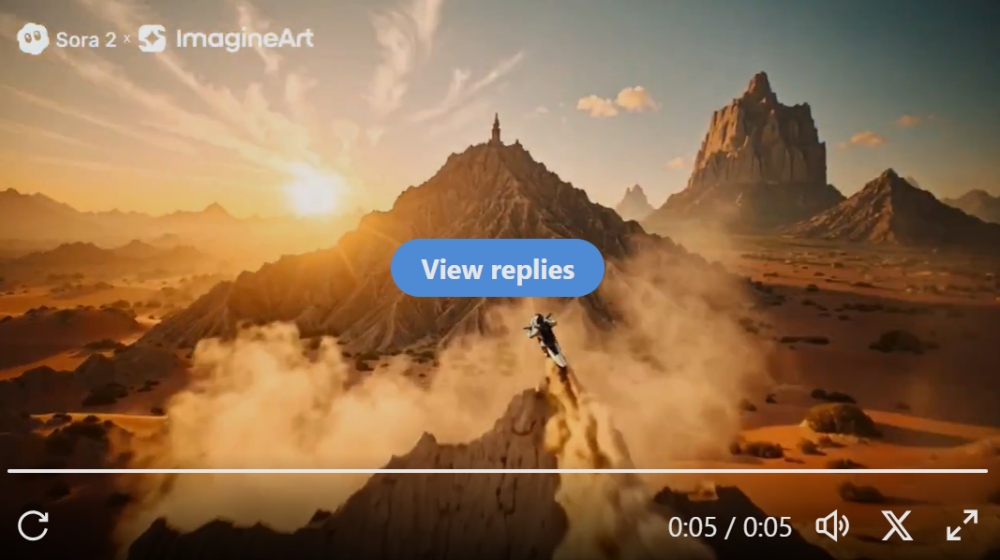 Sora 2 video frame of desert mountains at sunset with figure in air and dust clouds