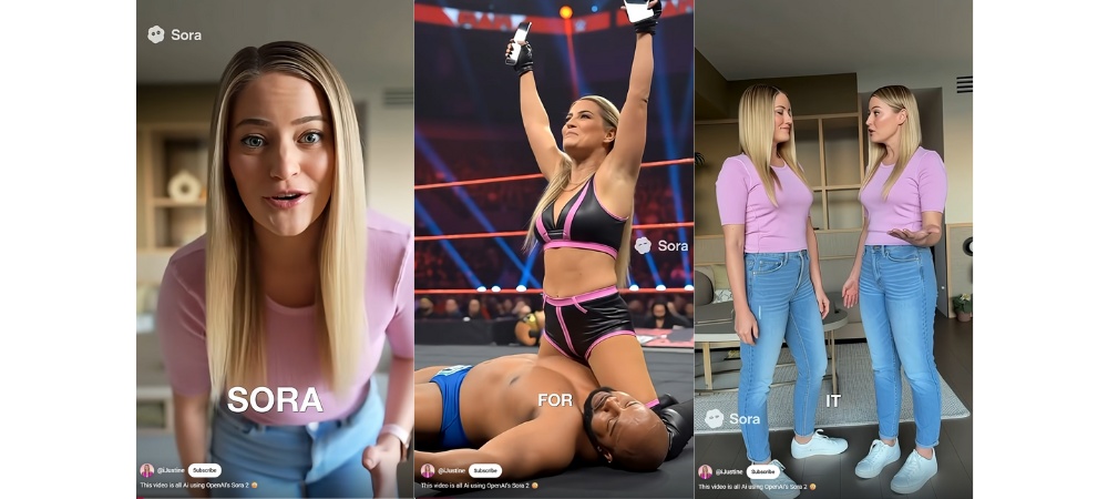 Sora app frames with woman in pink shirt 'Sora,' wrestler pinning opponent 'For,' and two women 'It.