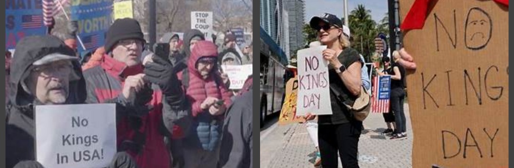 Split protest image with signs 'No Kings In USA!' and 'Stop Coup' on left, 'No Kings Day' on right
