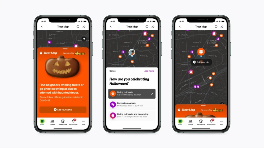 Treat map app on three iphones with Halloween pins