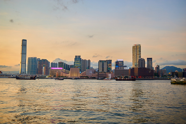 View of Hong Kong skyline on Kowloon Peninsula from water