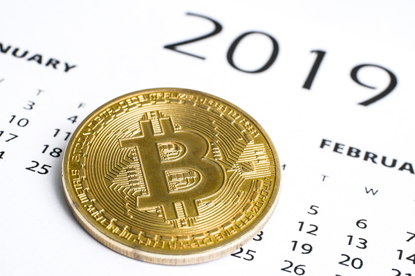 Gold coin with bitcoin symbol and 2019 calendar.