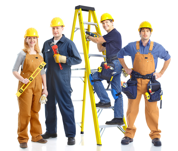 Home improvement contractors with yellow hardhats, step ladder and tools