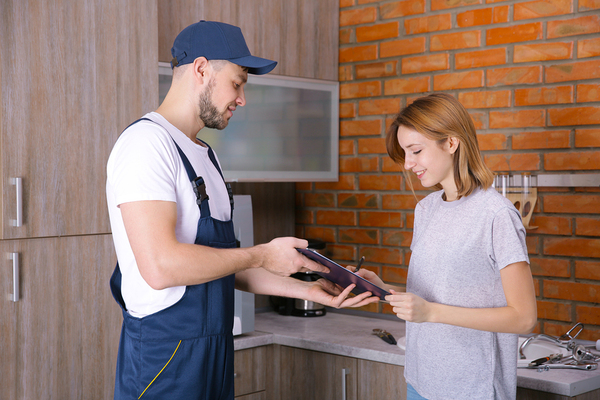 Home improvement contractor getting the signature of a woman on a tablet