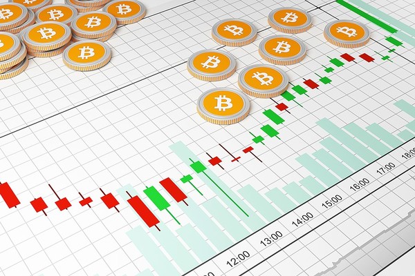 Large chart showing growth and coins with the bitcoin symbol.