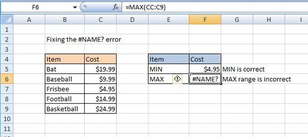 Max function in excel screen shot.