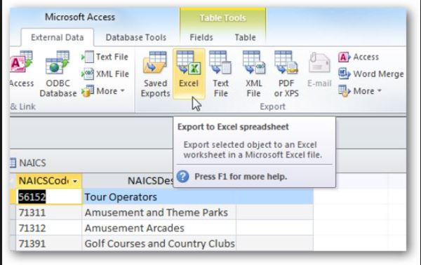 Microsoft Access Export to Excel Spreadsheet screen shot.