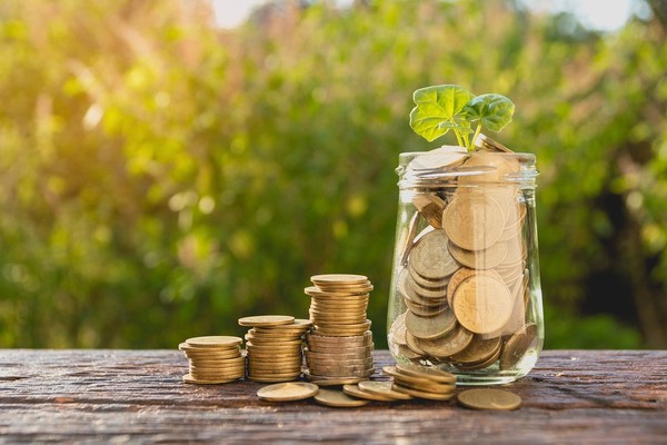 Glass jar of coins.