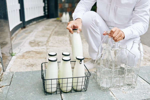 Glass milk bottles.