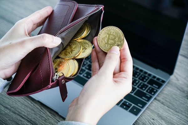 Person holding an open leather wallet with gold coins marked with the bitcoin symbol.