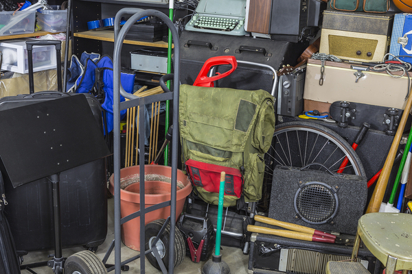 Garage filled with items.