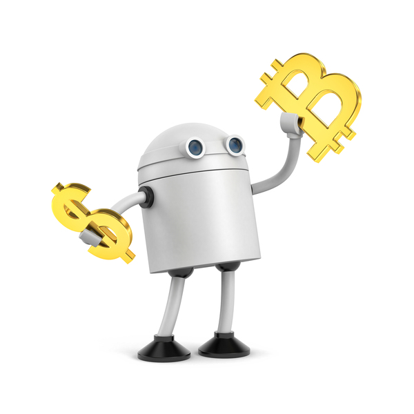 Silver robot holding a gold bitcoin symbol in one hand and a dollar sign in the other.