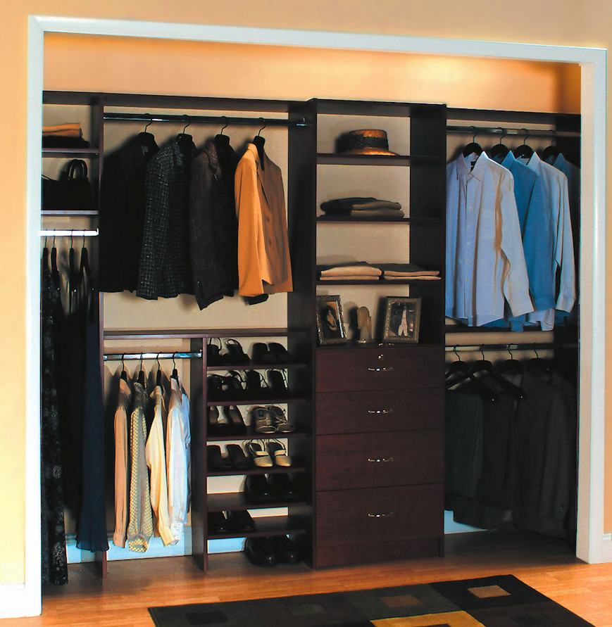 reach in closet Adult reach in closet with shor shelves, double hangers and pull open drawers