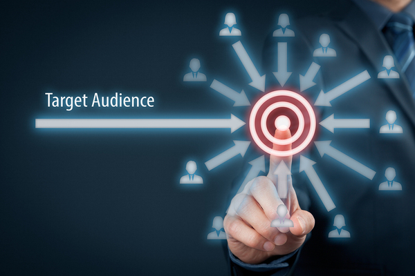 (Index finger pointing to bullseye in foreground labeled target audience) Real-time marketing is all about the moment right then and there.