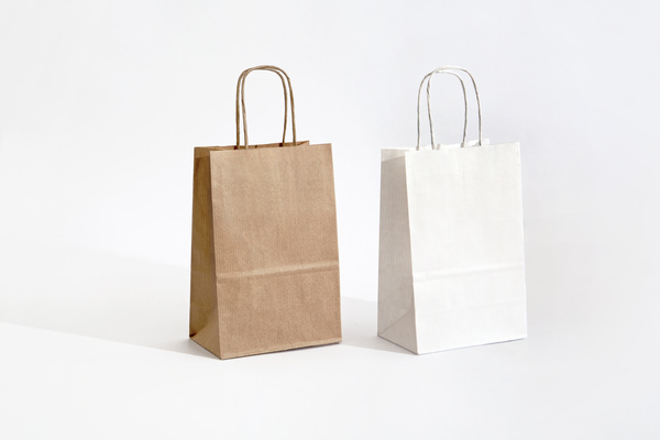 Brown and white paper bags.