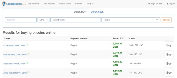 LocalBitcoins screen for choosing which bitcoin to buy online.