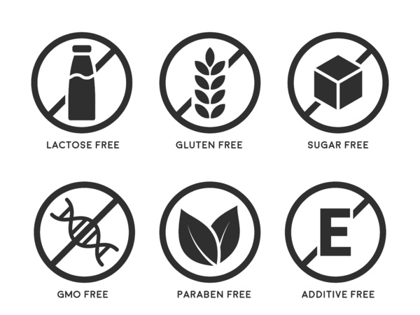 Lactose free, gluten free and sugar free icons.