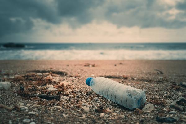 Beach with a water bottle lying on its side.