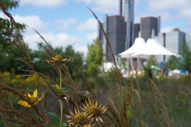 Greenery and flowers in foreground of Detroit Renaissance Centre