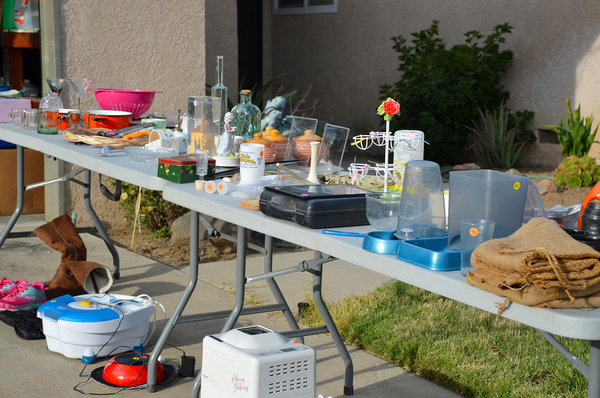 Table of garage sale items.