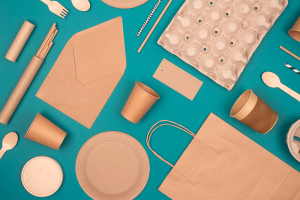 Brown paper bags and food containers.