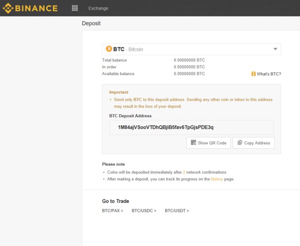 Binance BTC deposit address screen.