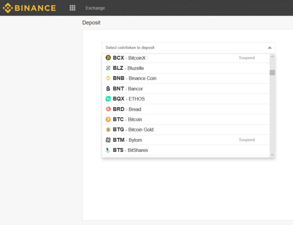 Finance dropdown list to select coin token to deposit.