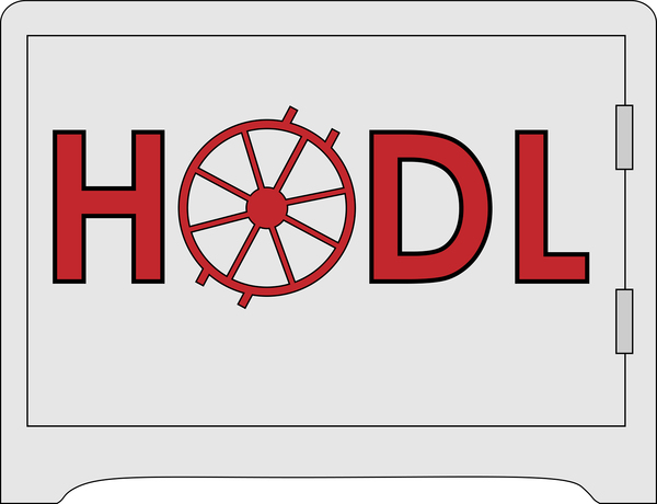 Illustration of a safe with the letters HODL in red on the front.