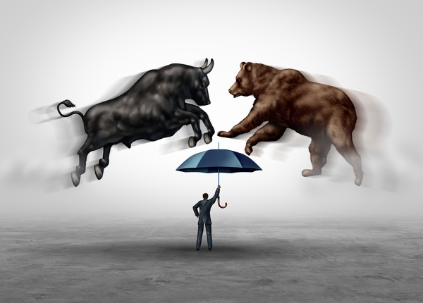 Bear and bull jumping over a man holding an umbrella.