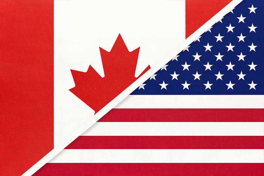 Canadian flag and United States flag.