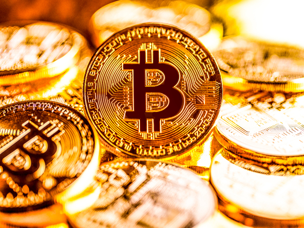 Gold coins with the bitcoin symbol.